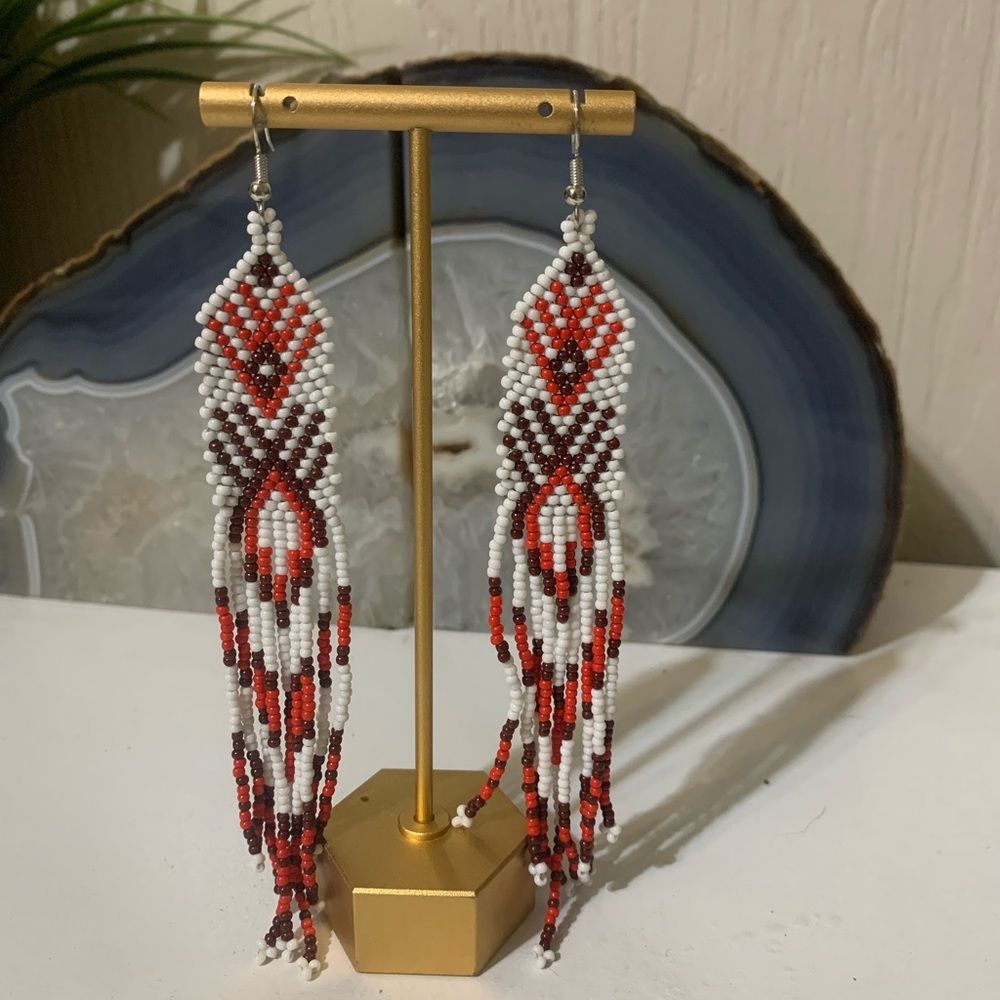 Bohemian Beaded Dangle Earrings - Red, White, and Black